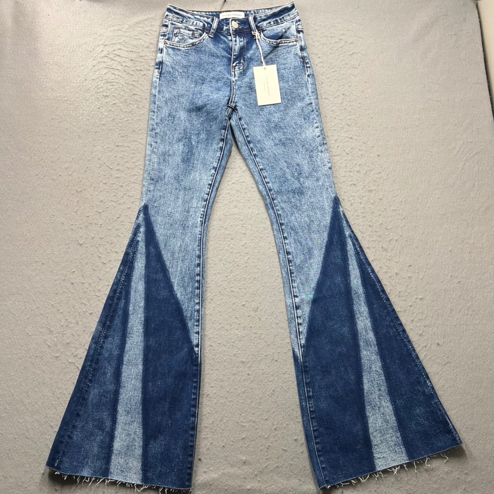 Flying Monkey BellBottom Flare Jeans Blue Acid Wash Colorblock Size 25 NWT